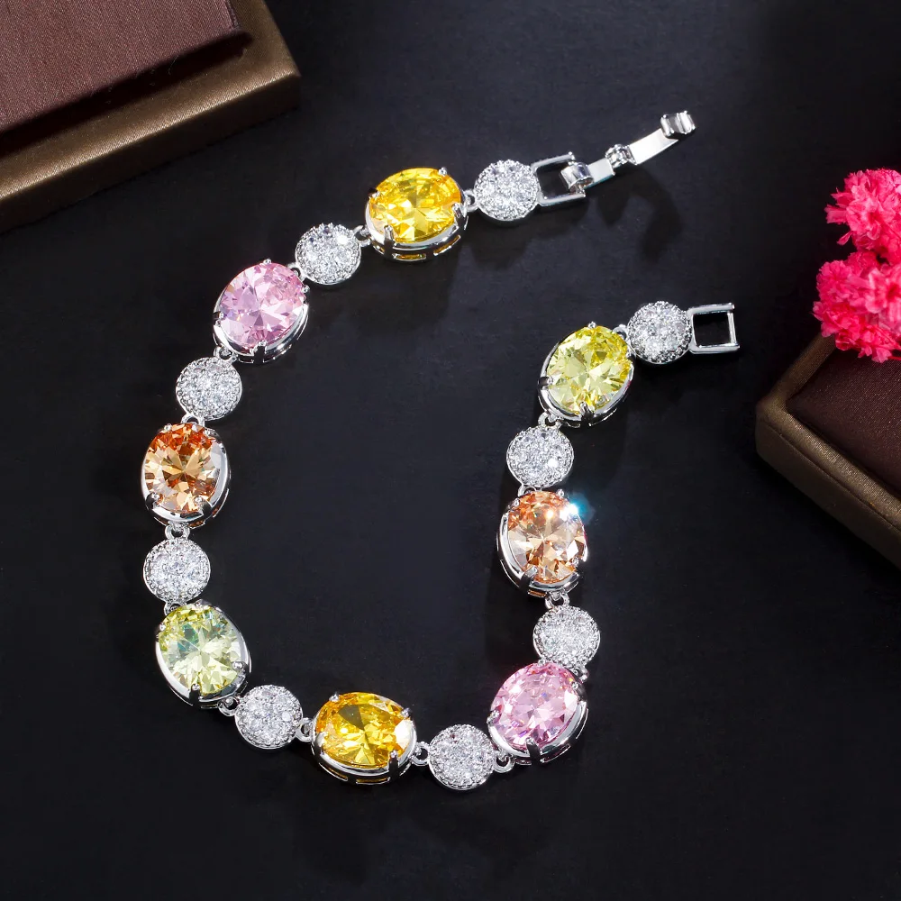 CWWZircons Beautiful Multi Color Big Round Oval Cubic Zirconia Chic Women Party Engagement Bracelet Jewelry Accessories CB289