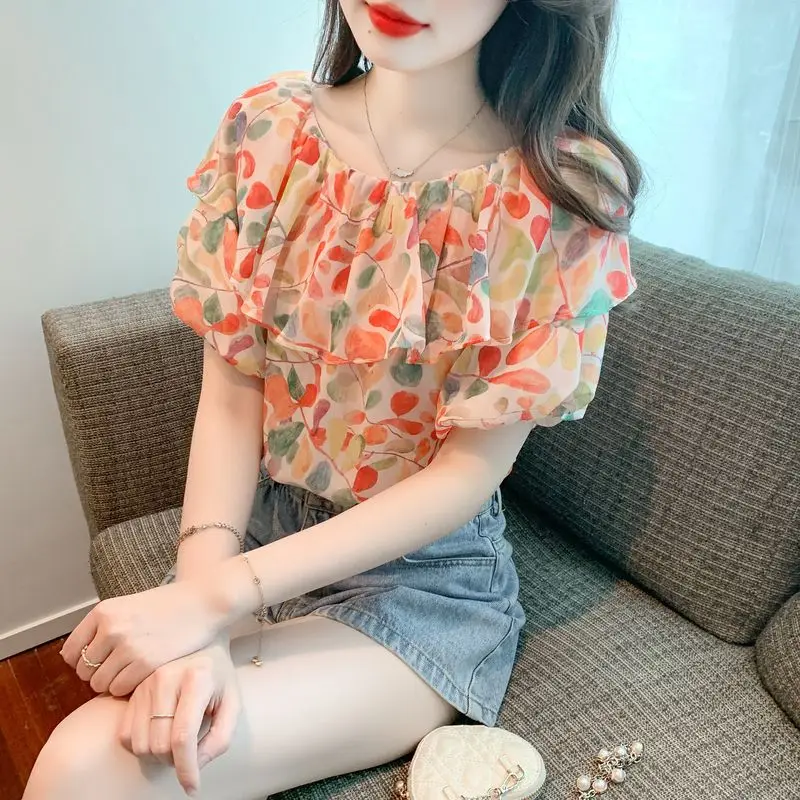 Women\'s Summer New Elegant Printed Spliced Ruffles Chiffon Blouses Sexy Slash Neck Sweet Loose Fashion Bubble Short Sleeve Shirt