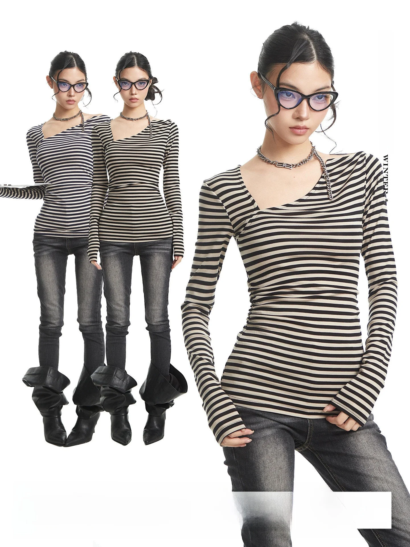 

UNCMHISEX Women's Slim Fit T-irt Long Sve Striped Print Asymmetrical Neline Casual Sle Comfortable Soft Fabric