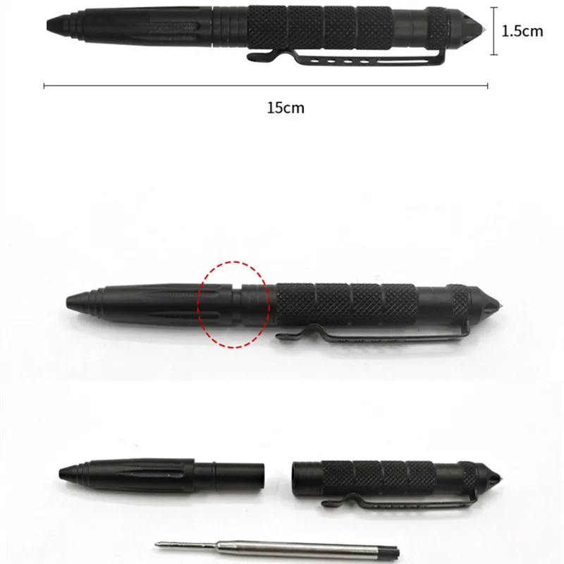 Bolígrafo táctico de autodefensa, herramienta de emergencia para ventanas rotas, recarga negra, escritura, protección de seguridad Personal, 5 unidades por lote