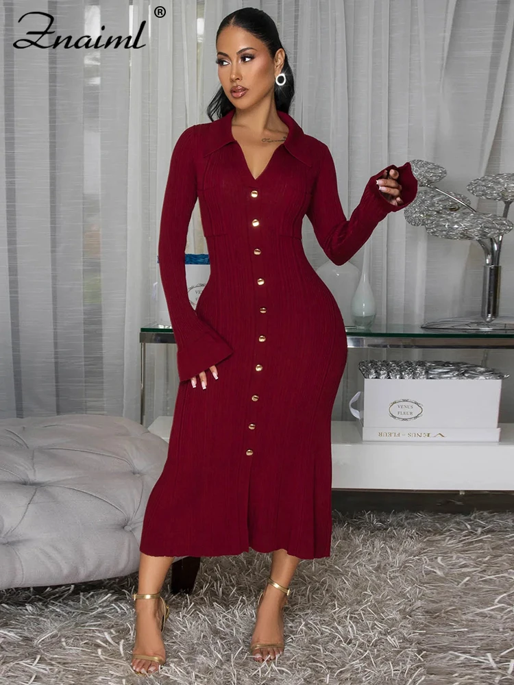 Znaiml Elegant Women Lapel V Neck Flare Long Sleeve Patchwork Button Black Maxi Dresses Autumn Winter Birthday Evening Prom Robe