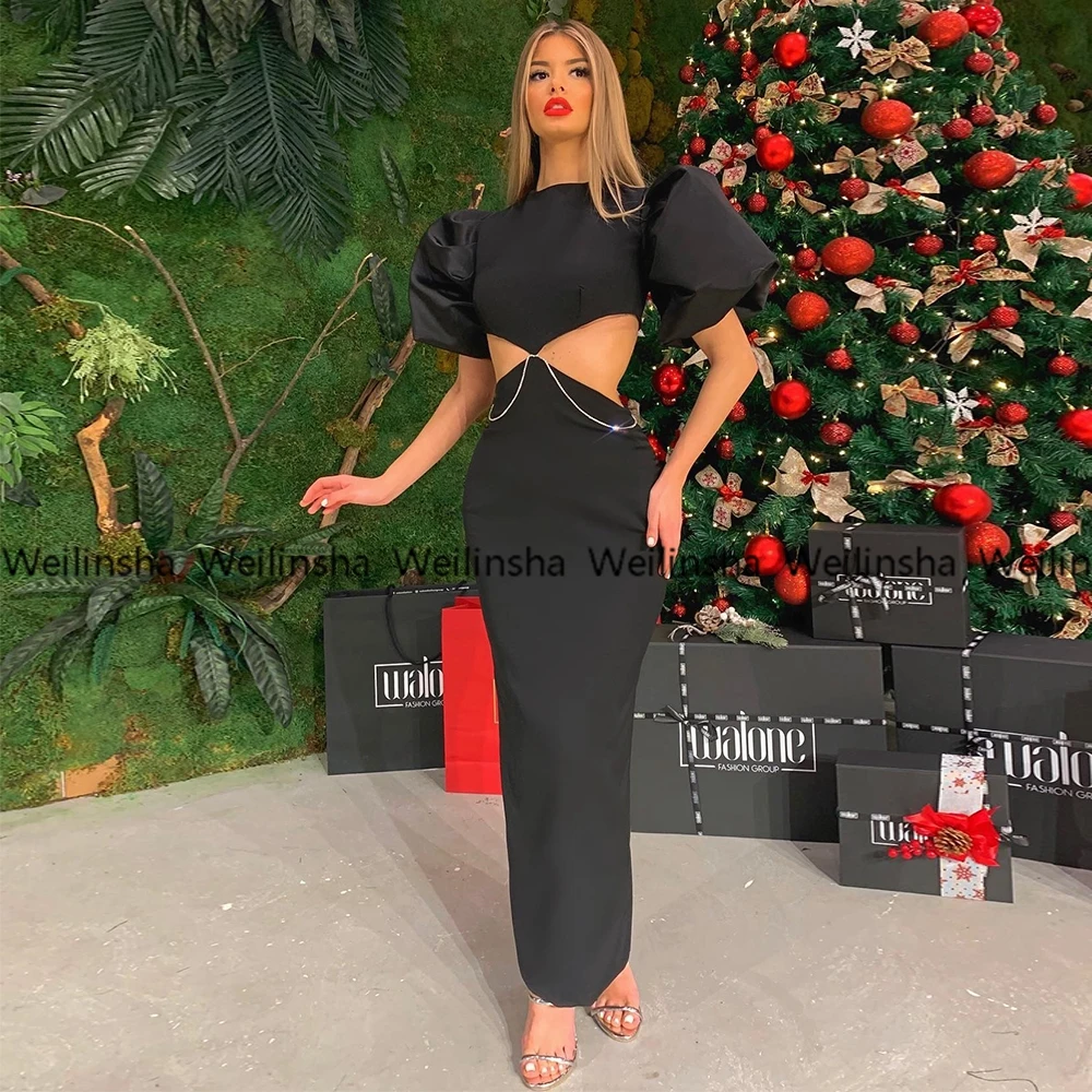 

Christmas Evening Dresses Fashion Black Ankle Length Jersey Fashon Prom Gowns Short Sleeve Women Dress Sheath Robes De Soirée