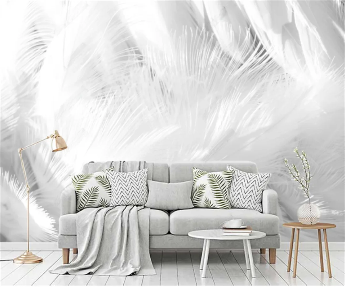 Papier peint en plumes noires et blanches sur mesure, lumière minimaliste moderne nordique, luxe créatif, mur de fond TV