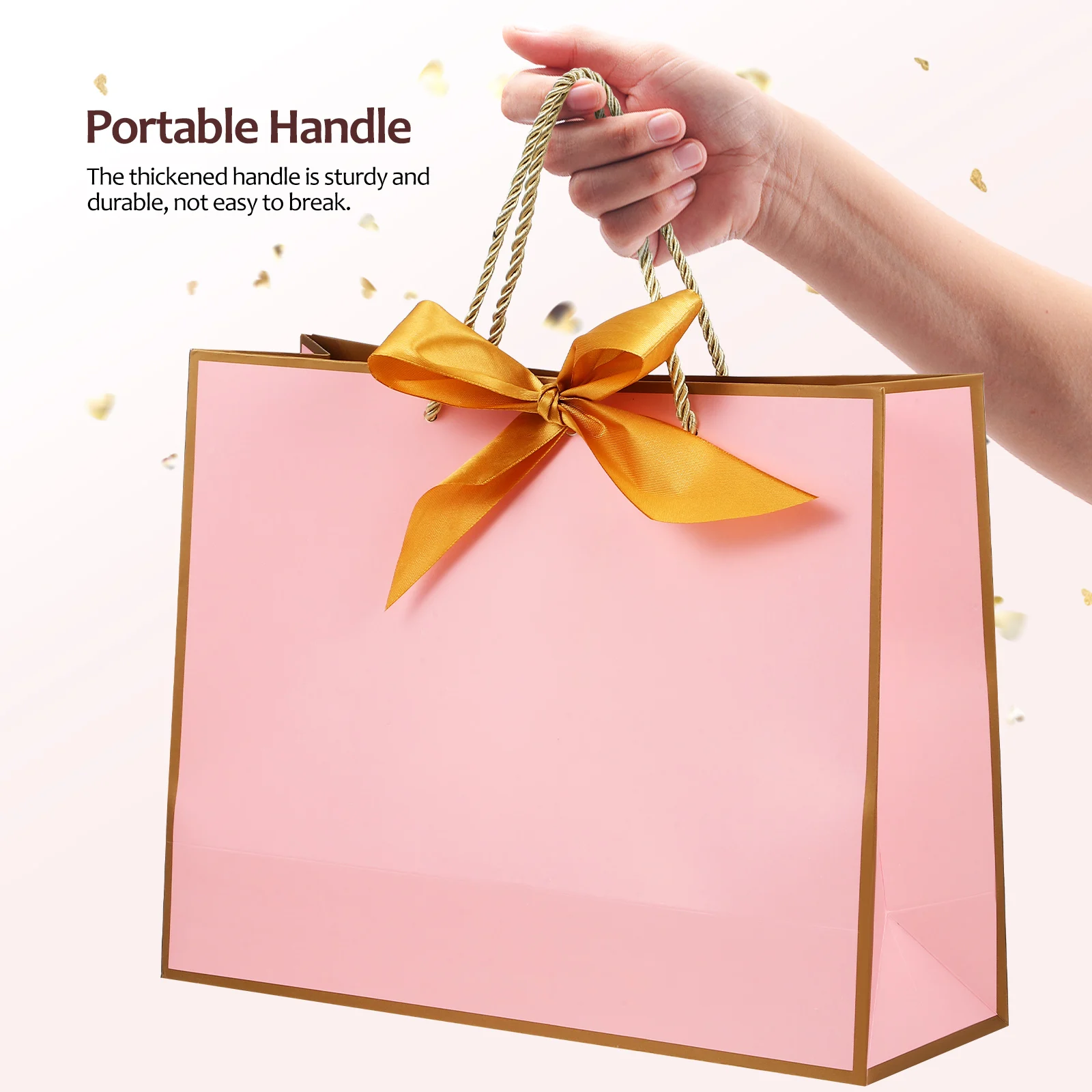 

10 Pcs Gift Bags Thickened Paper Strong Load Capacity Bowknot Ribbon Water Resistant Pink Gold Frame Medium Size 32x25x11