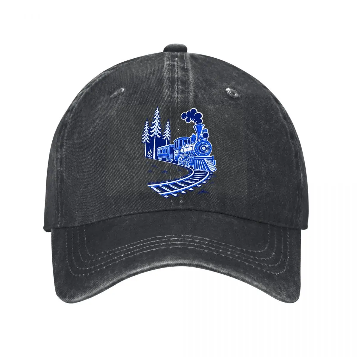 Blue Steam Train Through Pine Forest Curved Railroad Washed Baseball Cap Outdoor Hat