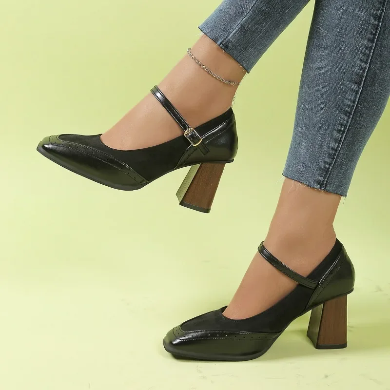 

Модная женская обувь 2025 года, женские туфли на высоком каблуке с пряжкой и ремешком, новые туфли высокого качества на высоком каблуке с квадратным носком для офиса и карьеры