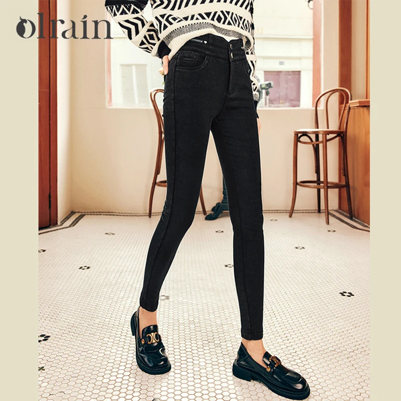 OLrain Women's Black Jeans 2026 Winter High Waist Fleece Lined Skinny Pants Warm Office Ladies Commuter Trousers O22DA66253
