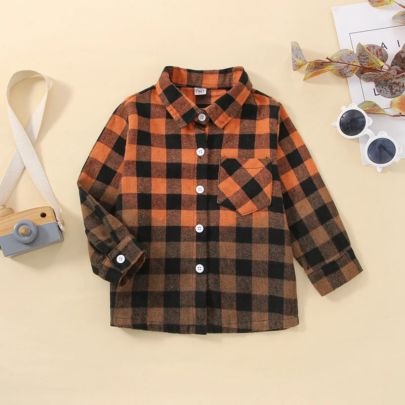 Children s Unisex Fall Winter Jacket Stylish Plaid Print Lapel Coat with Long Sleeves and Button Closure