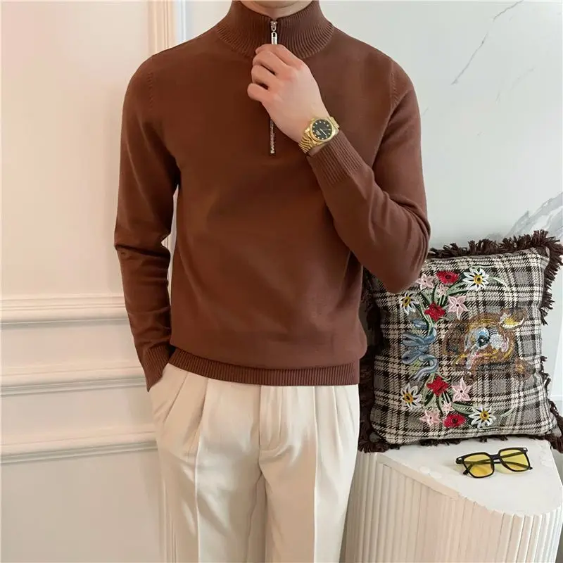

Men's Half Zipper Long Sleeved T-shirt Autumn Winter New Pure Color Thicken Slim Fit Elastic Fashionable Versatile T-Shirt