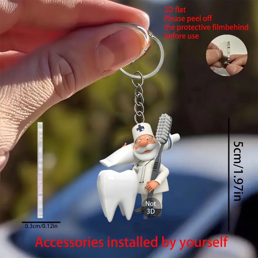 2D Cartoon Dentist Keychain Cute Dental Theme Pendant Flat Acrylic Ornament Charms Hanging Decoration for Bag Festive Party Gift