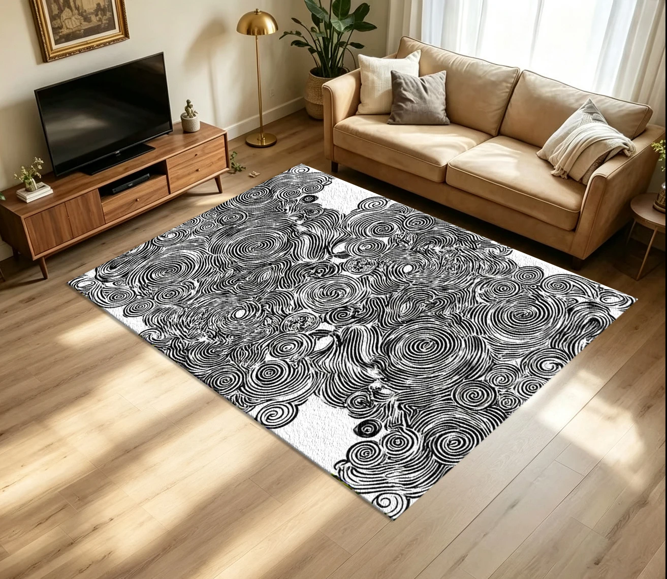 Abstract Black-White Spiral Swirl Carpet Flooring, Hand-Doodle Wave Pattern Non-Slip Area Rug for Living Room Bedroom Home Decor