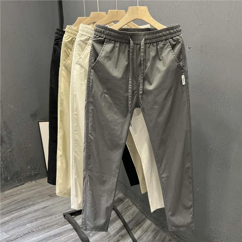 Men's Versatile Slim Fit Fashion Cargo Pants Korean Fashion Drawstring Elastic Waist Straight Cropped Pants