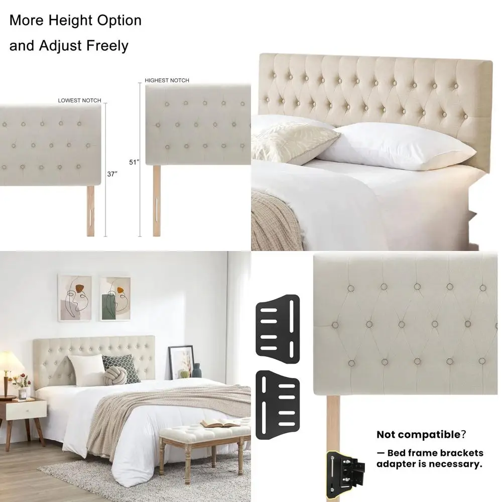 

Upholstered Linen Bed Board with Adjustable Solid Wood, Beige Twin Size