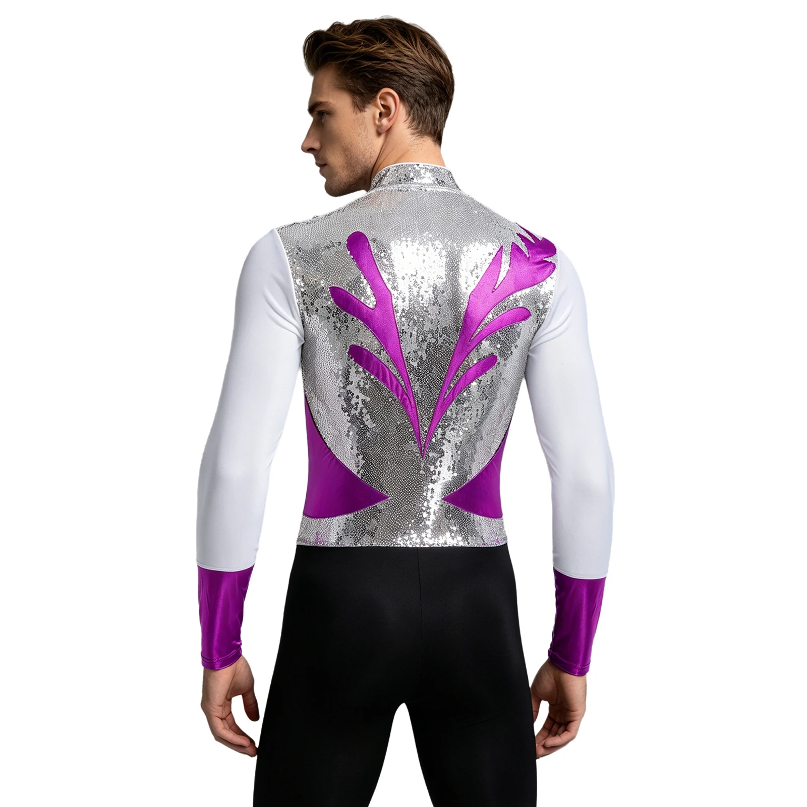 Herren Gymnastik Latin Ballett Tanz Performance Eiskunstlauf Kostüm Glitzer Strass Mesh Trikot Overall Bodysuit Shirts – Detail 28