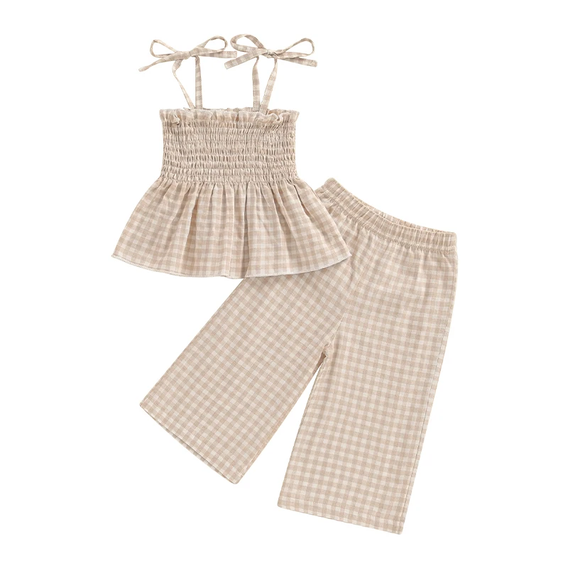 

Toddler Girl Summer Outfit Plaid Tie-Up Spaghetti Strap Ruched Sleeveless Tank Tops and Loose Pants 2Pcs Clothes Set