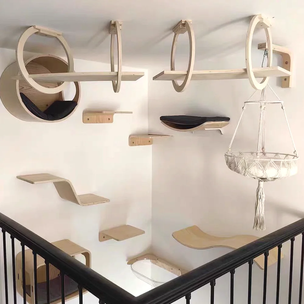 

Cat Climbing Shelves Wall Mounted Cat Tree Tower Scratcher Hammock Hiding House Perches Ladder Indoor Cats Gym Pet Furniture