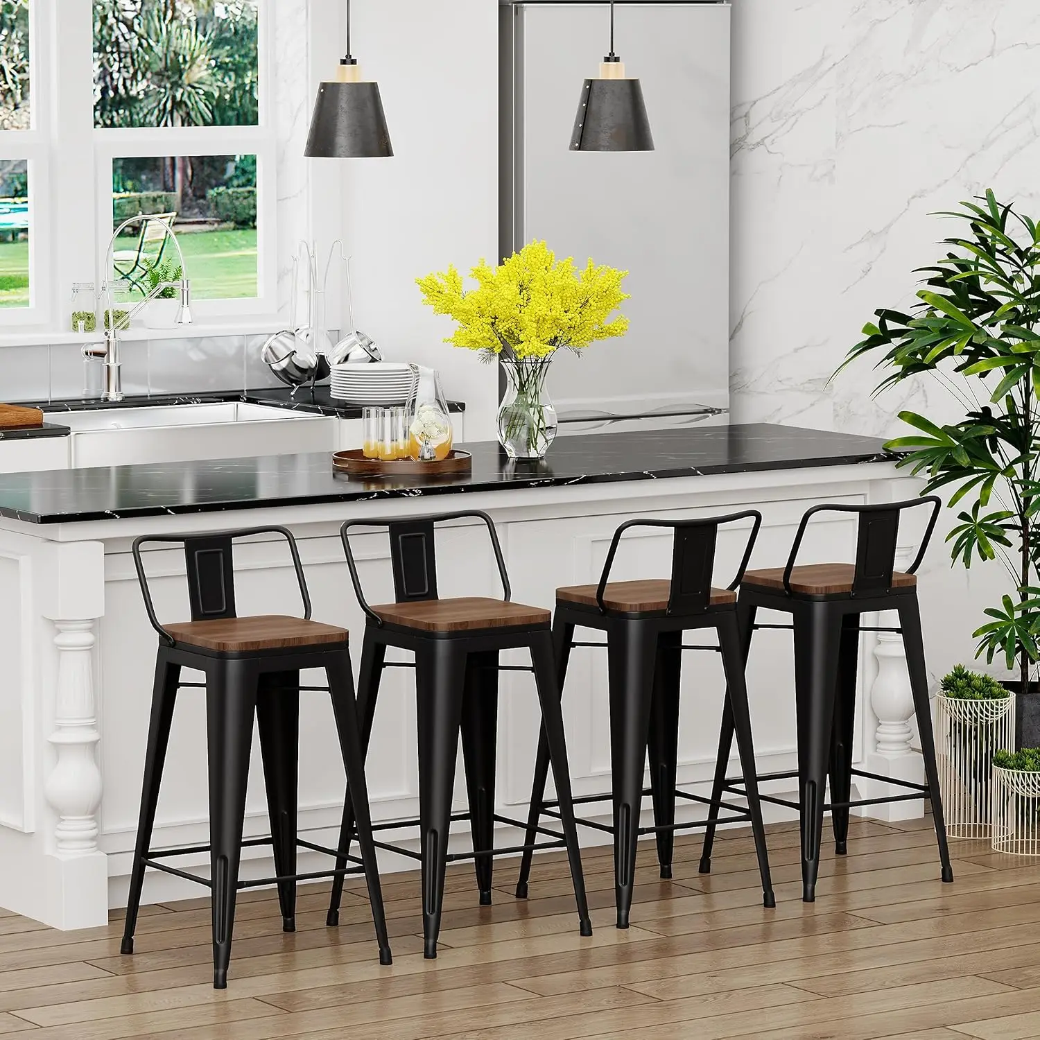24" Metal Barstools Set of 4 Counter Bar Stools with Wood Top Low Back Matte Black