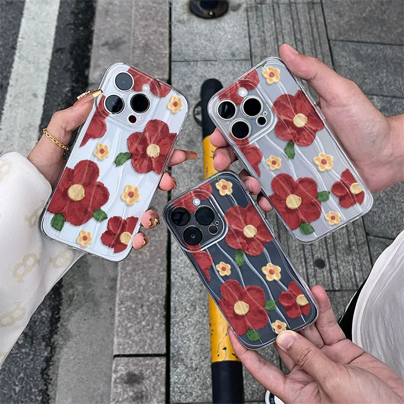 Oil Painting Red Flowers Shockproof Fashionable Phone Case For iPhone 15 Pro Max 14 Plus 13 12 11 XR X XS 8 7 Cover