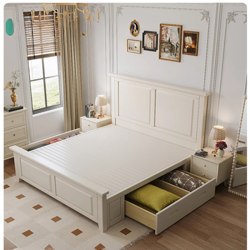 

White all solid wood bed, simple modern cream style double bed