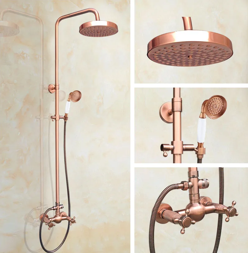 

Antique Red Copper Wall Mounted Bathroom 8" Rainfall/Handheld Shower Faucet Set Dual Knob Handle Hot And Cold Water Taps 2rg525