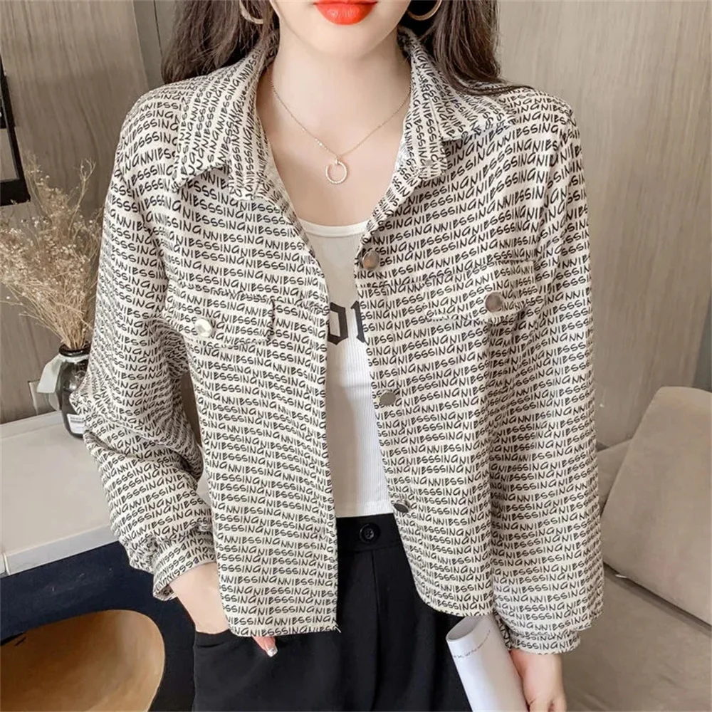 

2023 Spring Autumn Women New Long sleeved Shirts Letter Small Coat Women's Casual White Matching Loose Top Panel Printing Jacket