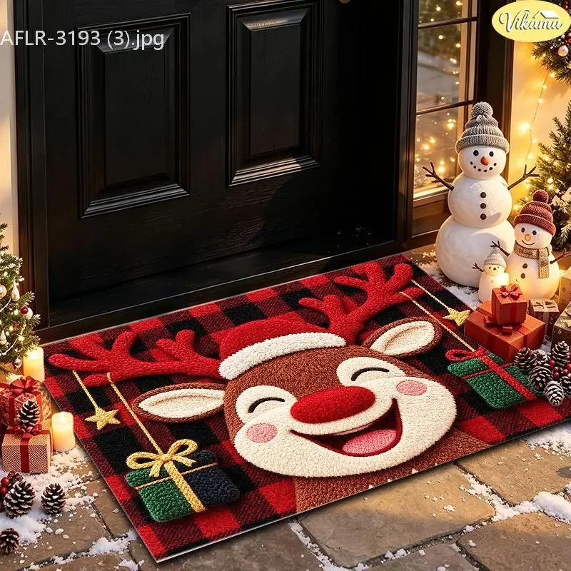 VIKAMA Purple Reindeer Moon Star Entryway Rug Non Slip Low Profile Mats for Outside Front Door Xmas Winter Decor Washable