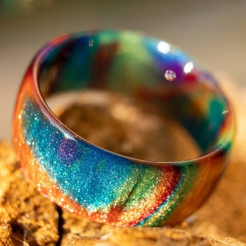 7 Colors Fire Opal Rings for Women White Created Opal Band Carbon Fiber Lining Iridescent Color Changing Opal Ring Jewelry