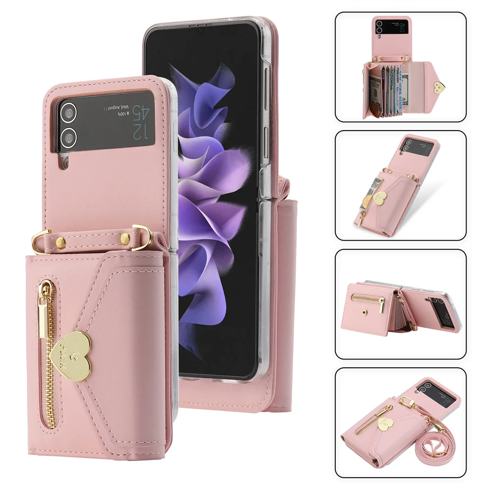 Galaxy Z Flip 5 4 3 Crossbody Wallet Phone Case for Samsung Flip5 Flip4 5G Love Card Holder Purse Lanyard Strap Leather Cover