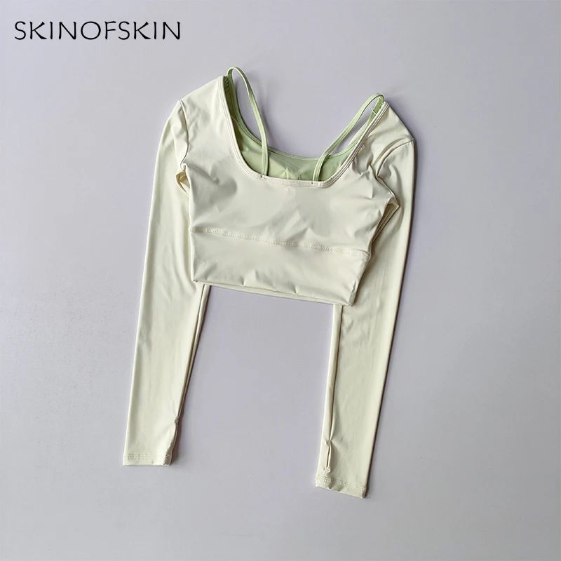 Yoga-Kleidung Langärmeliges Damen-Einteiler-Crop-Top mit Cups Schlankmachendes Schnelltrocknendes Lauf-Trainings-T-Shirt Sport-Fitness-Kleidung – Detail 5