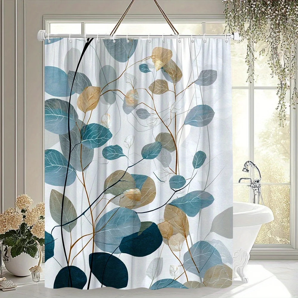 Eucalyptus Leaf Illustration Shower Curtain 1pc with 12 Hooks for Bathroom Home Decor Polyester 2D Flat Print 70.8x70.8 Inch