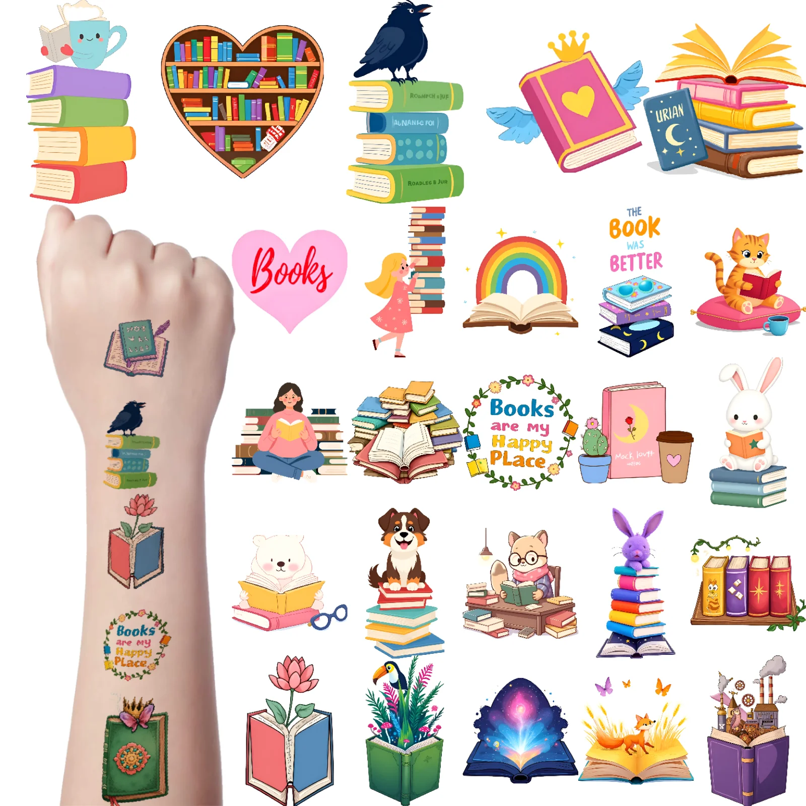 

54 шт., временные татуировки, наклейки для книг, водонепроницаемые, долговечные, наклейки для тела, наклейки для чтения, мультяшные для мужчин, руки