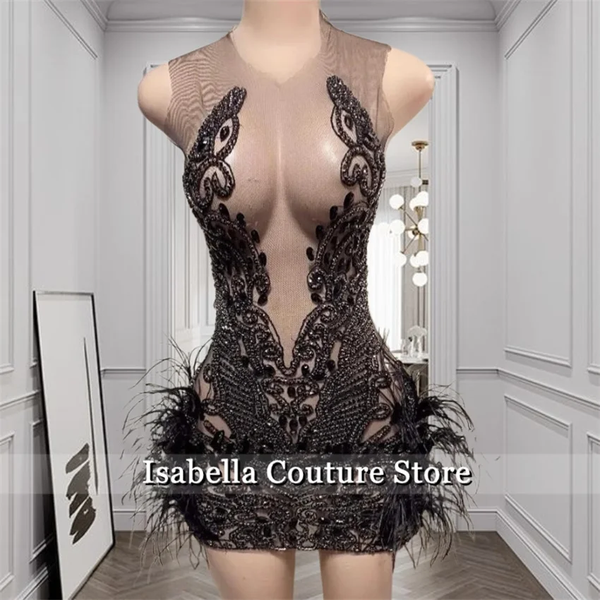 

Black Diamonds Luxury Prom Dresses For Black Girls Beaded Crystal 2024 Birthday Senior Homecoming Feathers Customized