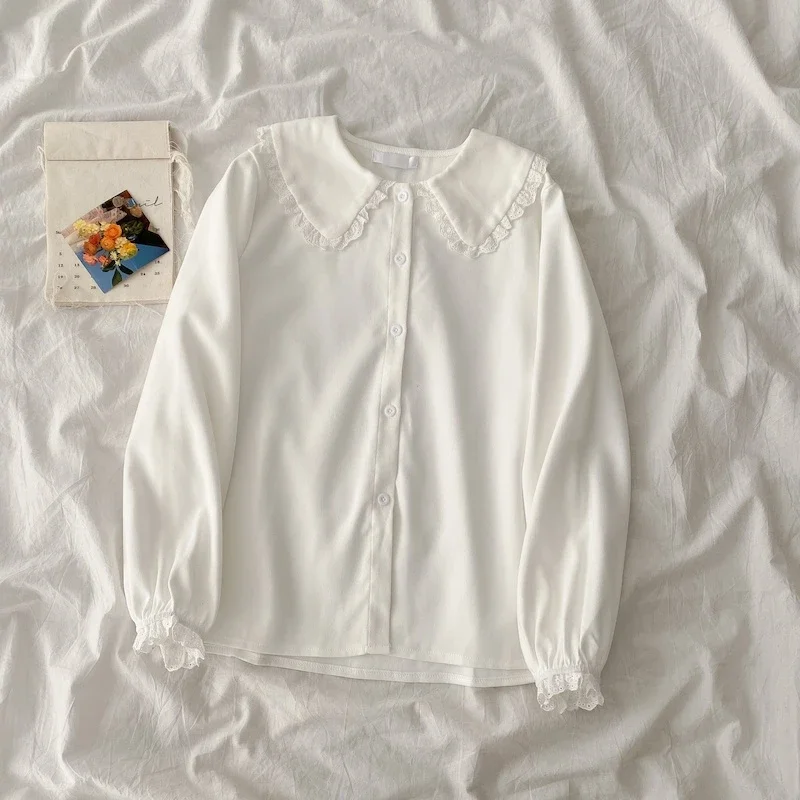 Camisas femininas design rendas retalhos doces cores moda high street botão-up manga longa peter pan colarinho blusas meninas