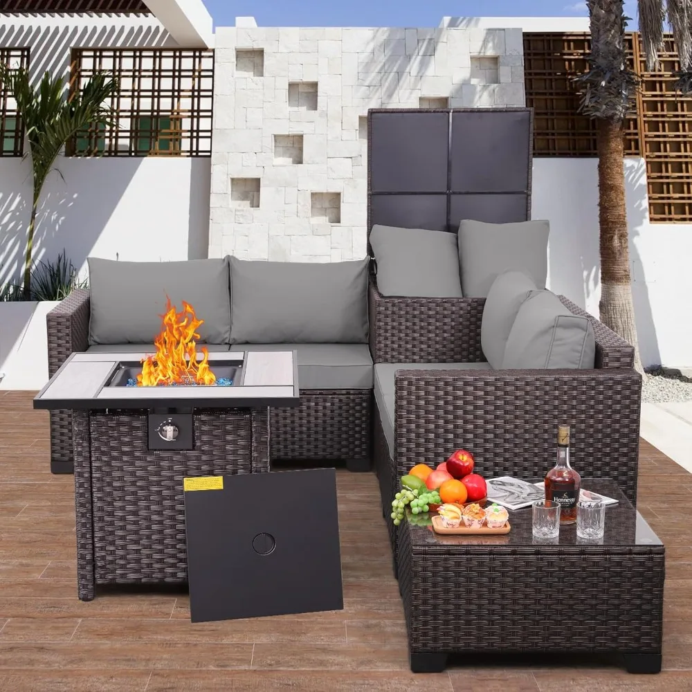 5 Pieces Patio Furniture Set Outdoor  Rattan Sectional Sofa Loveseat Couch Conversation Chair with Storage Bin Coffee Table