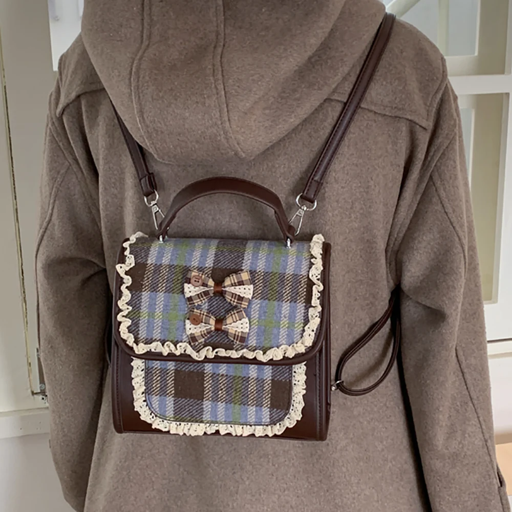 Women's Plaids Lace Patchwork Backpacks Korean Preppy Style Vintage Soft Handle Backpack Sweet Chic Commute Shoulder Packs