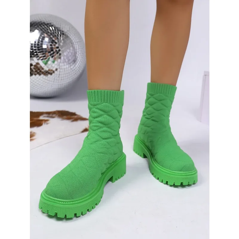 

New Round Toe Knit Booties Fall Winter Platform Flyweave Plus Size Low Sock Boots