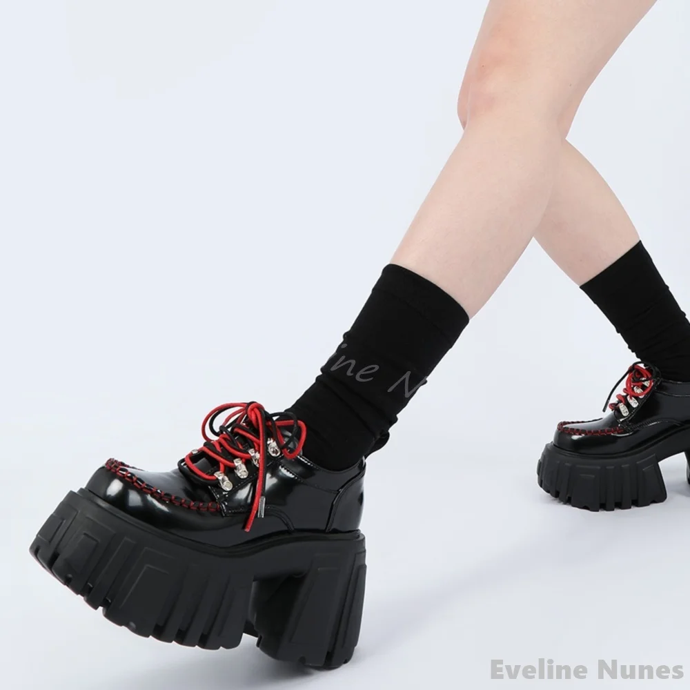 Cyberpunk Tank Platform Shoes Women Round Toe Chunky Heel Black Red Rope Tie Patent Leather Ankle Boots New Fashion Hotties Boot