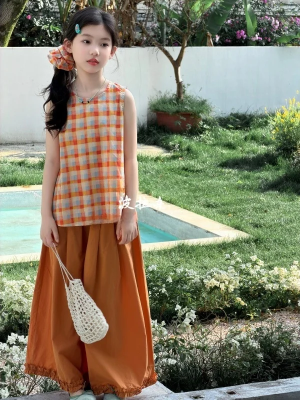 boraqin-korean-style-children's-outfit-summer-plaid-sleeveless-wide-leg-pants-two-piece-set-for-kids-breathable-lightweight