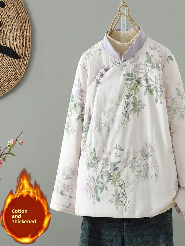 

Thiened Хлопковая куртка с небольшим воротником-стойкой и принтом, внутренняя подкладка, теплое художественное китайское женское пальто, длинное зимнее пальто...