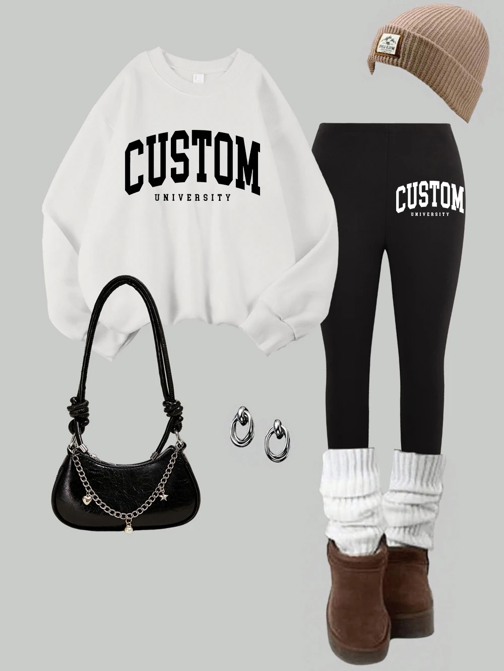 2 Piece Women Custom University Printing Sweatshirt Leggings Set Autumn Warm Fleece Hoodie Pants Street Casual Woman Clothes