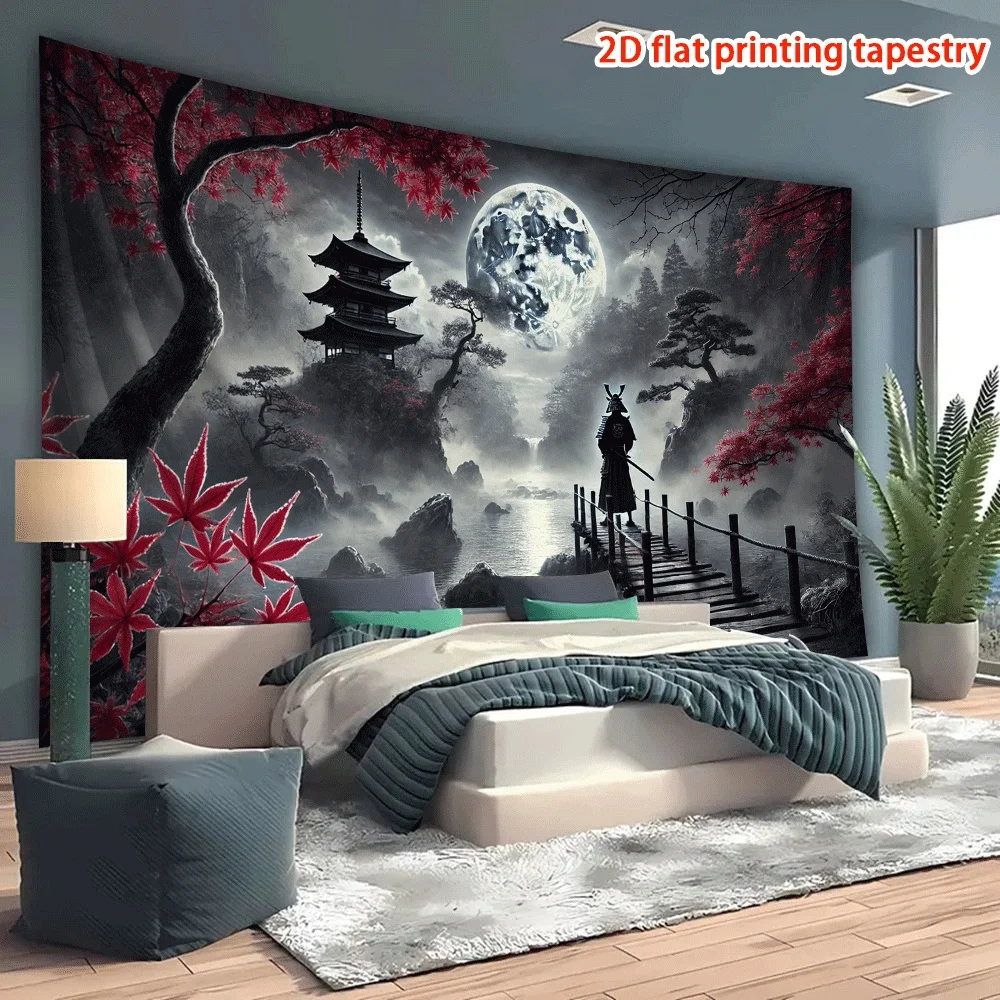 Decorative Asian Landscape Tapestry Wall Hanging Polyester Mural Print Chinese Pagoda Moonlit Night Decor for Bedroom Living Roo