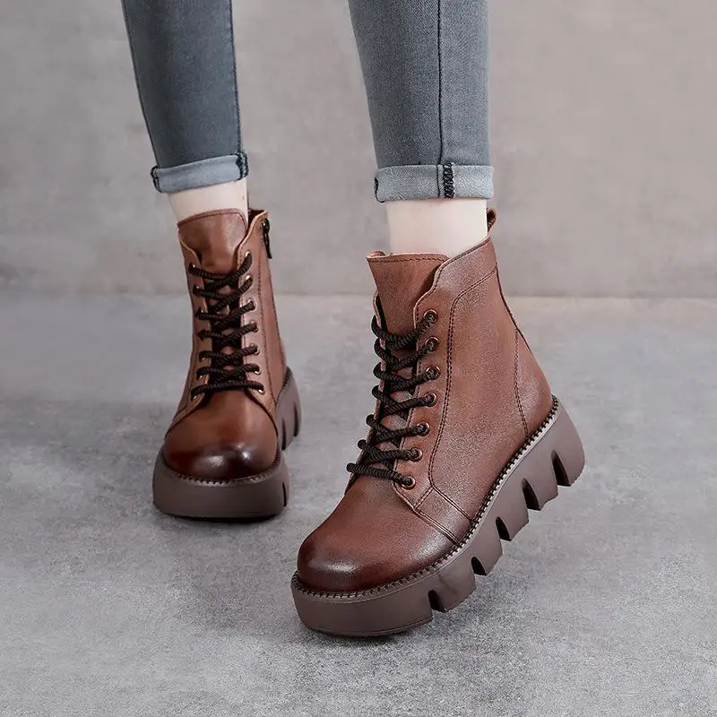 

British Style Boots Thick Bottom Cotton Padded High Heels Short Boots Leather Upper round Toe Anti-Slip Rubber Sole