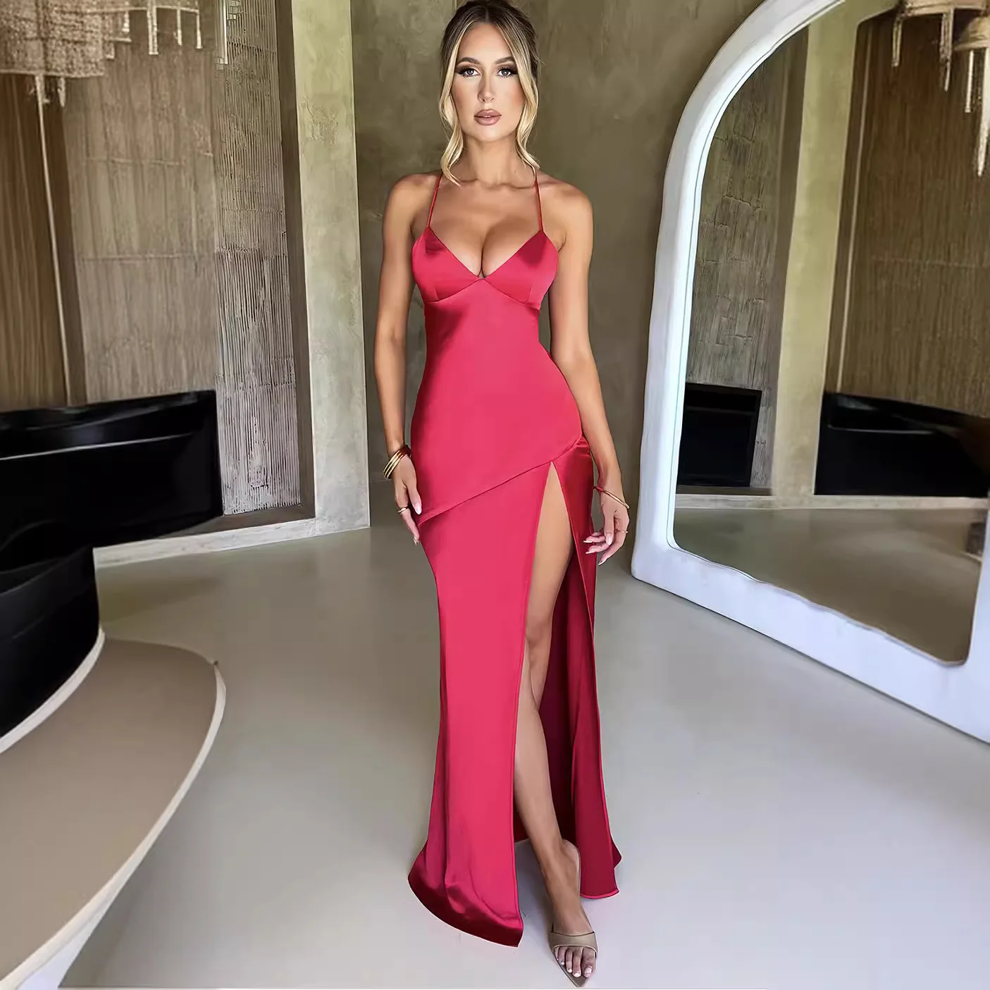 

2025 Summer New Fashion Women's Clothing Sexy V-neck Suspender Split Medium and Long Dress