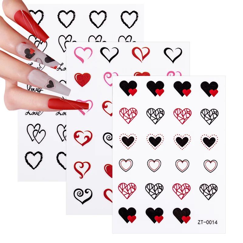 

3D stickers press on nails cute heart black red kawaii designs back adhesive foil sliders DIY manicure accesories nail decals