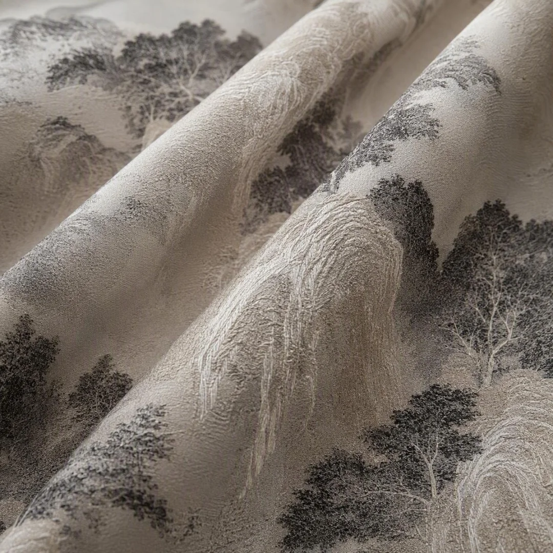 Chinese Landscape Jacquard Curtain,Oriental Mountain Scenery Woven Drapes,Window Curtain for Living Room Bedroom