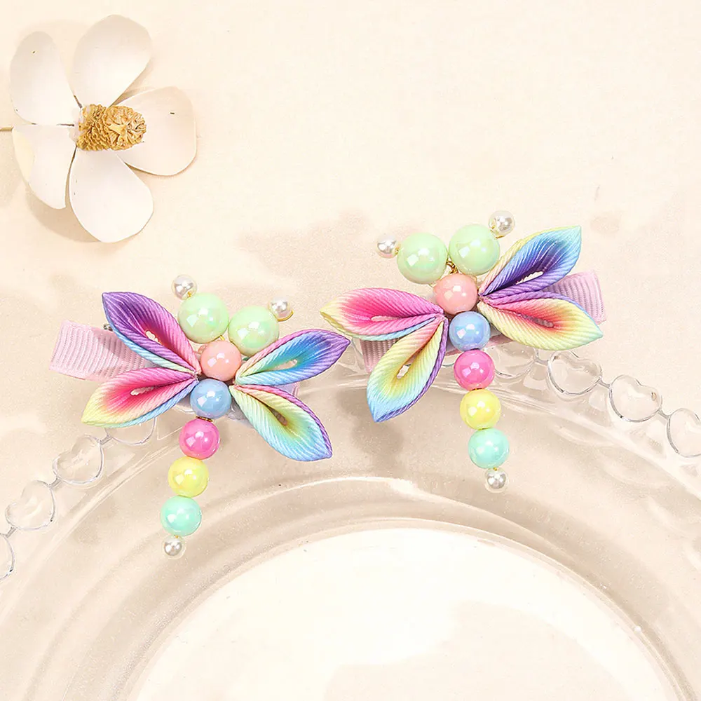 2Pcs Sweet Pearl Baby Hairpins Hair Lace Ornament Headwear Exquisite Gradient Dragonfly Hair Clips For Girls Hair Accessories