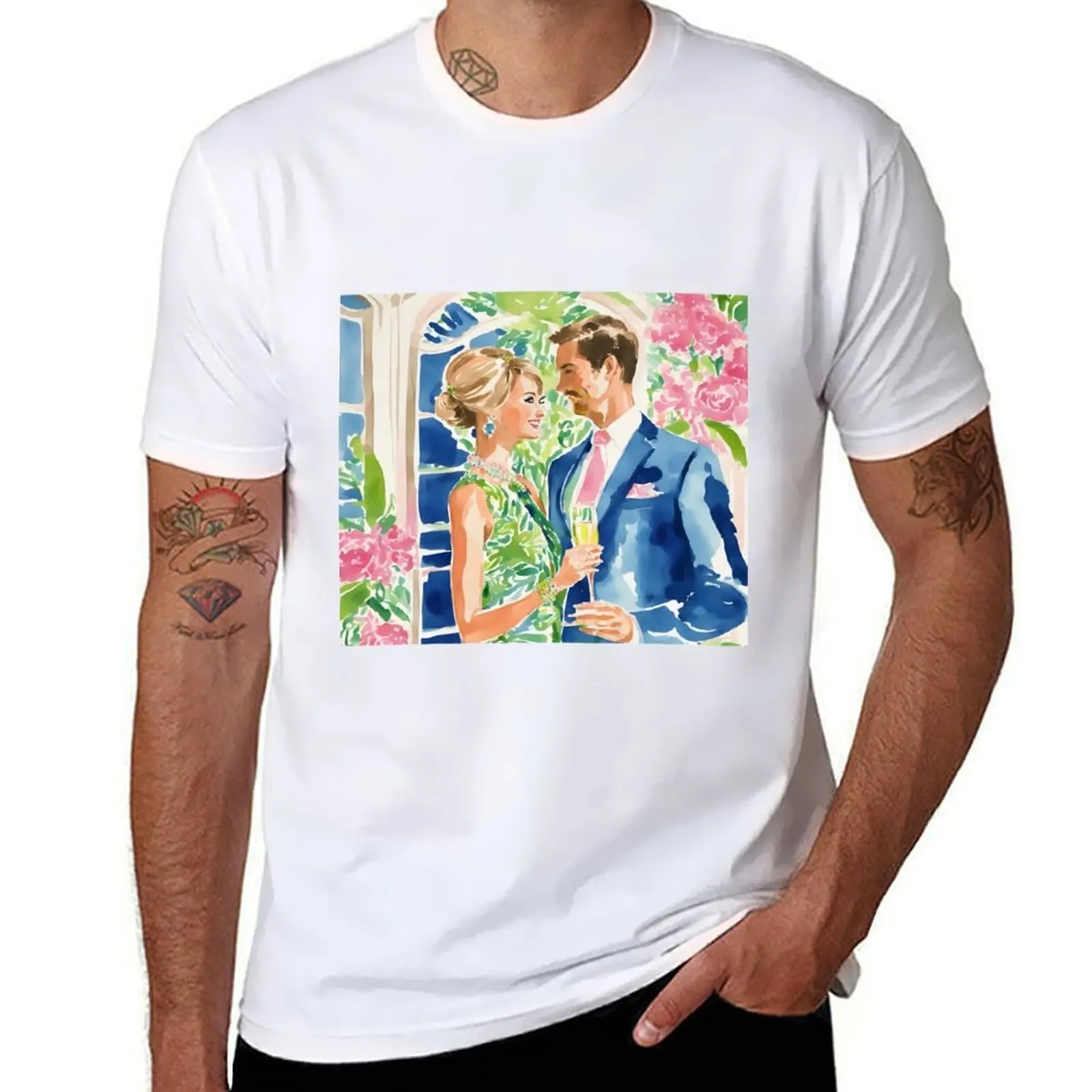 

Grandmillennial art, glam couple drinking champaign T-Shirt man graphic t shirt funny t shirts cotton T-Shirt