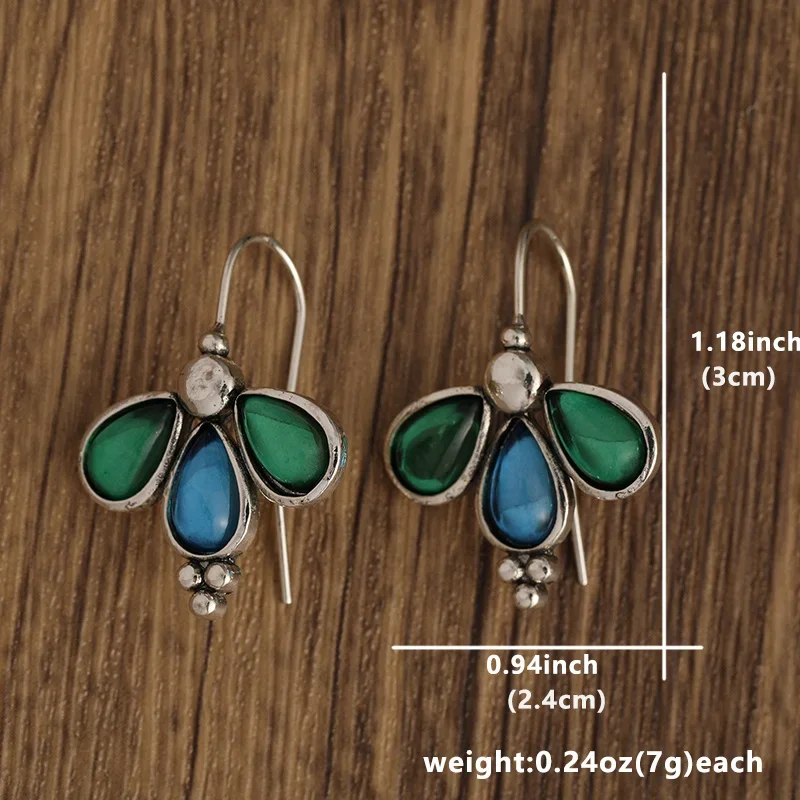 Vinatge Exquisite Inlaid Green Blue Stone Waterdrop Hook Earrings for Women\'s Fashion Elegant Banquet Jewelry Accessories Crafts
