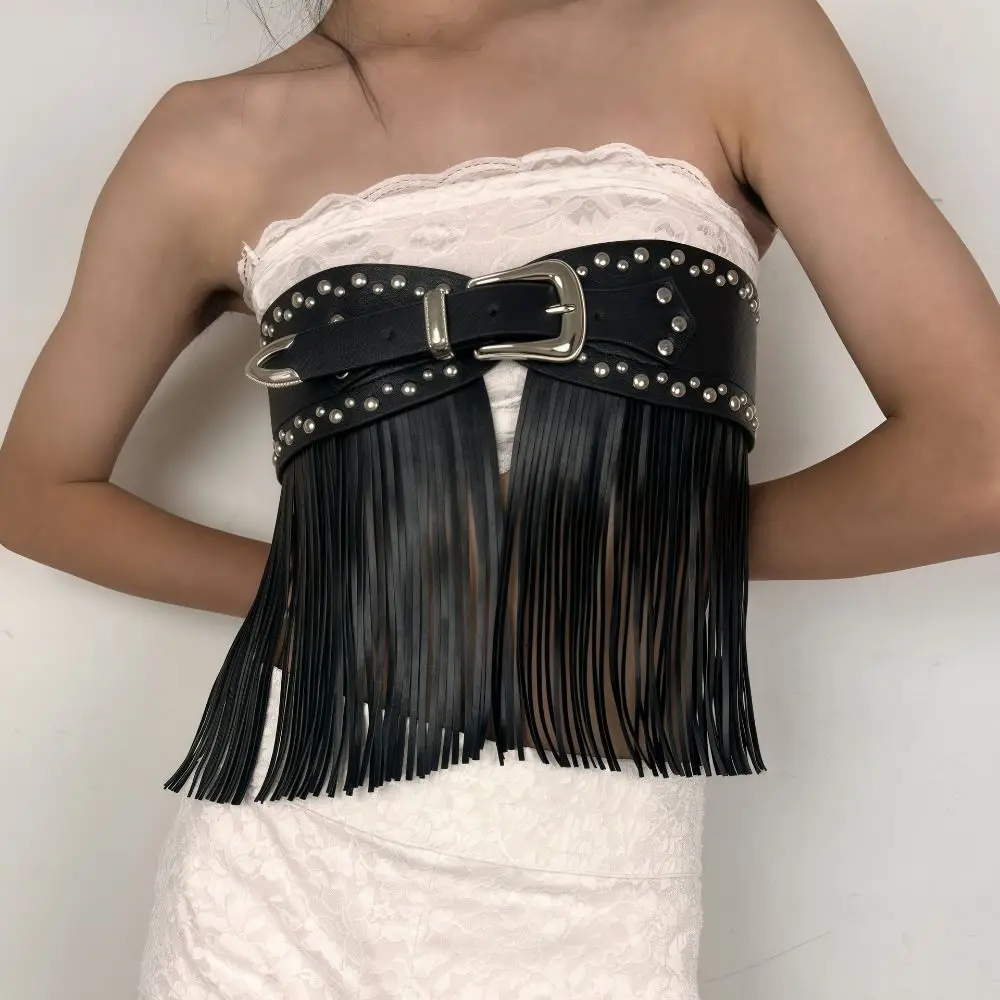 Trendy PU Leather Tassel Belt Punk Style Vintage Wide Belt Western Cowboy Patchwork Design Rivet Belt High Street
