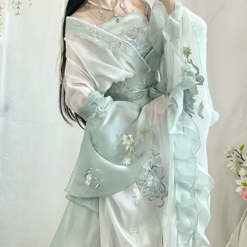 Costume da ballo fatato ricamato verde originale migliorato Costume di carnevale cosplay Abito tradizionale cinese Hanfu autunnale da donna